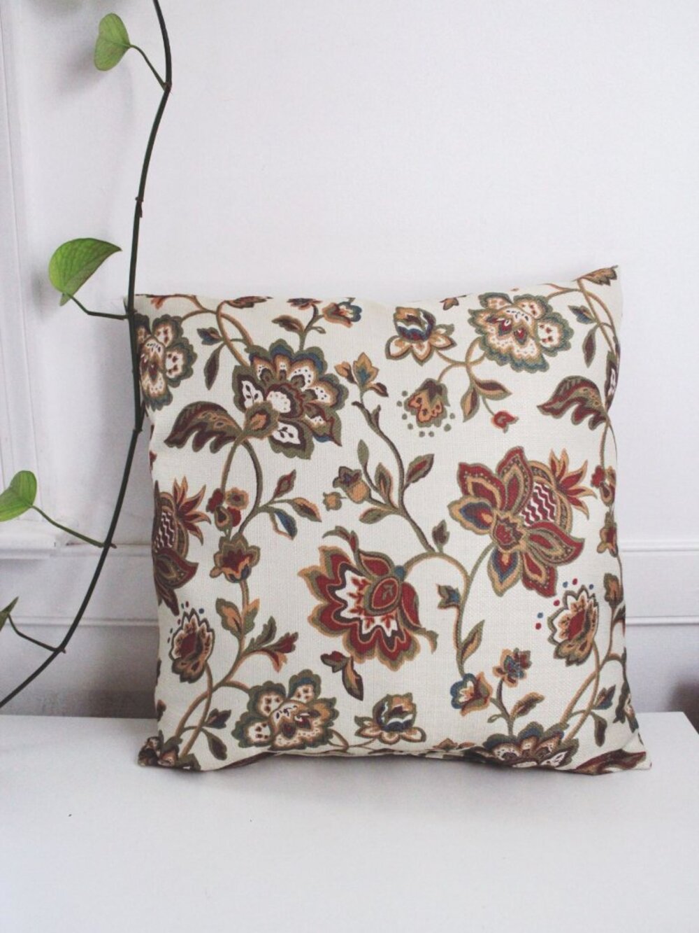 Vintage Floral Tapestry Throw Pillow Beige Flowers 18" Square Cottagecore